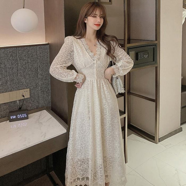 Fairy Temperament Elegant Women Lace Ruffle V Neck Top High Waist Long Sleeved A Line Dress