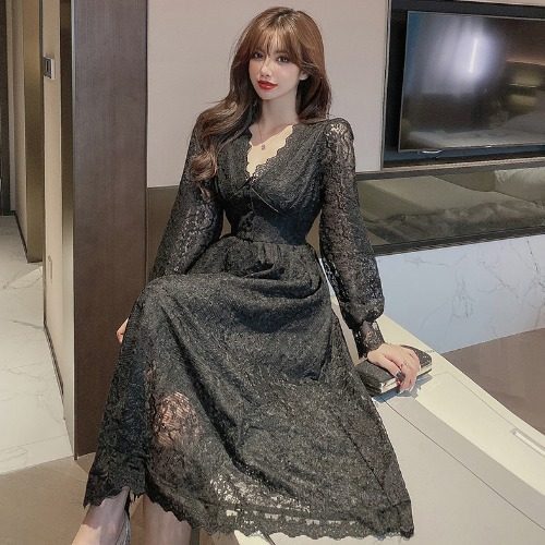Fairy Temperament Elegant Women Lace Ruffle V Neck Top High Waist Long Sleeved A Line Dress