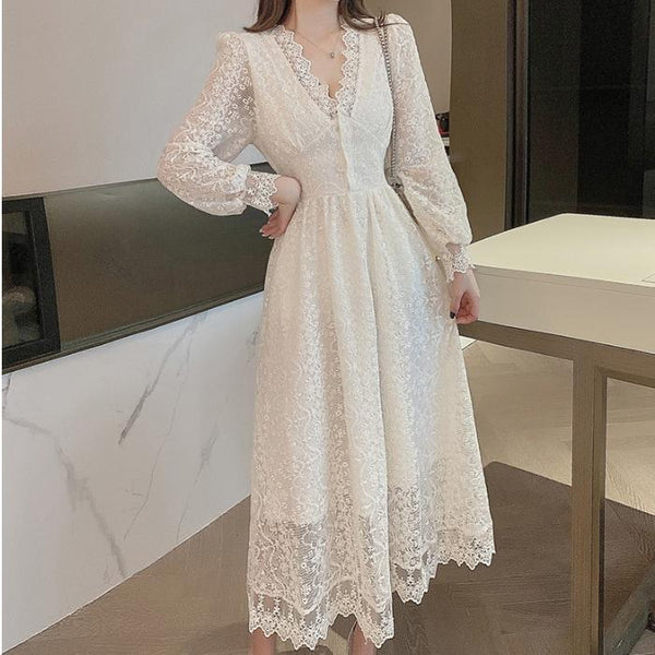 Fairy Temperament Elegant Women Lace Ruffle V Neck Top High Waist Long Sleeved A Line Dress