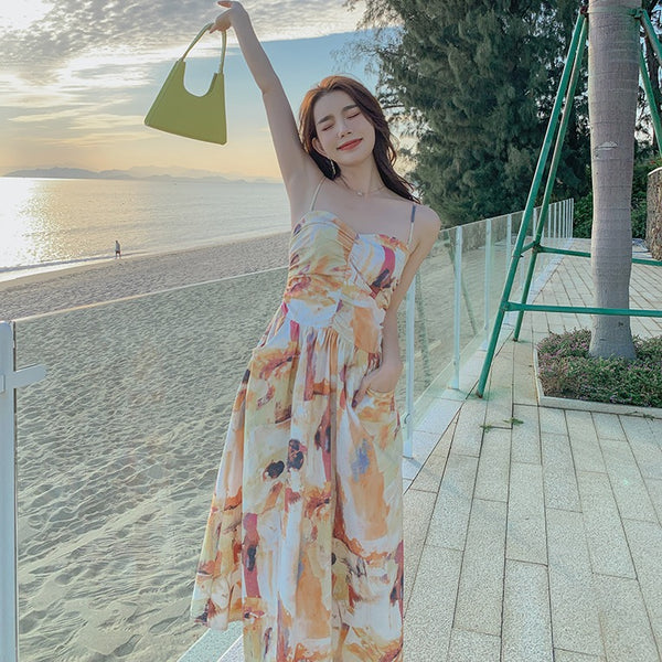 Holiday Chic Women Artistic Oil Painting Printing Ruched Abstract High Waist Long Spaghetti Strap Dress