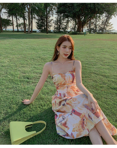 Holiday Chic Women Artistic Oil Painting Printing Ruched Abstract High Waist Long Spaghetti Strap Dress