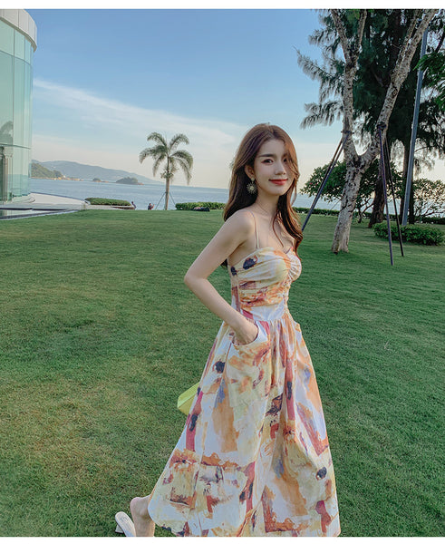 Holiday Chic Women Artistic Oil Painting Printing Ruched Abstract High Waist Long Spaghetti Strap Dress