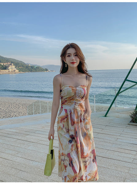 Holiday Chic Women Artistic Oil Painting Printing Ruched Abstract High Waist Long Spaghetti Strap Dress