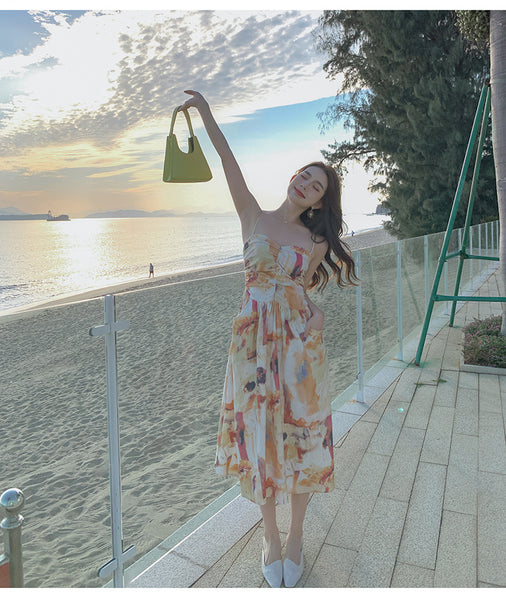 Holiday Chic Women Artistic Oil Painting Printing Ruched Abstract High Waist Long Spaghetti Strap Dress