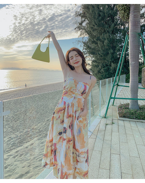 Holiday Chic Women Artistic Oil Painting Printing Ruched Abstract High Waist Long Spaghetti Strap Dress