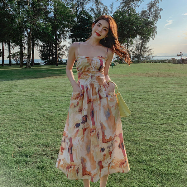 Holiday Chic Women Artistic Oil Painting Printing Ruched Abstract High Waist Long Spaghetti Strap Dress