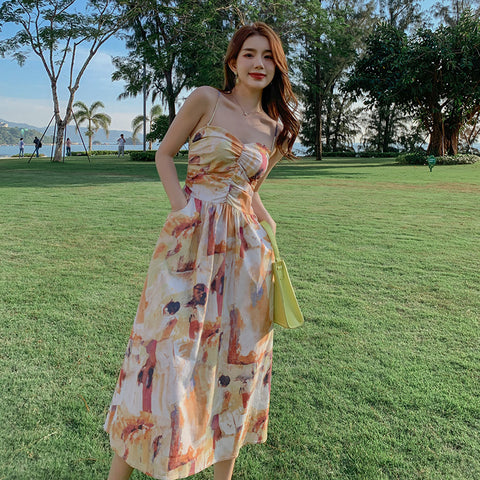 Holiday Chic Women Artistic Oil Painting Printing Ruched Abstract High Waist Long Spaghetti Strap Dress