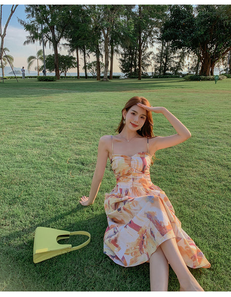 Holiday Chic Women Artistic Oil Painting Printing Ruched Abstract High Waist Long Spaghetti Strap Dress