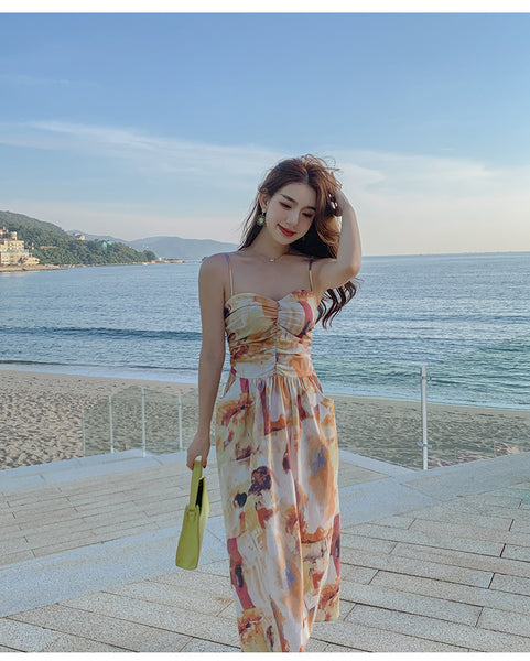 Holiday Chic Women Artistic Oil Painting Printing Ruched Abstract High Waist Long Spaghetti Strap Dress