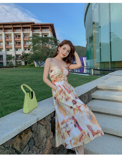 Holiday Chic Women Artistic Oil Painting Printing Ruched Abstract High Waist Long Spaghetti Strap Dress