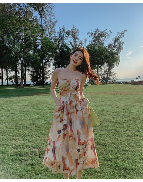 Holiday Chic Women Artistic Oil Painting Printing Ruched Abstract High Waist Long Spaghetti Strap Dress