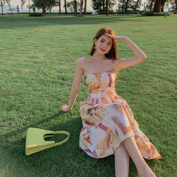 Holiday Chic Women Artistic Oil Painting Printing Ruched Abstract High Waist Long Spaghetti Strap Dress