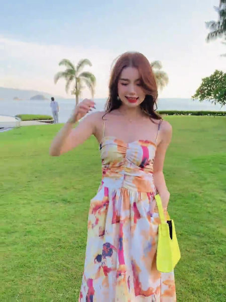 Holiday Chic Women Artistic Oil Painting Printing Ruched Abstract High Waist Long Spaghetti Strap Dress