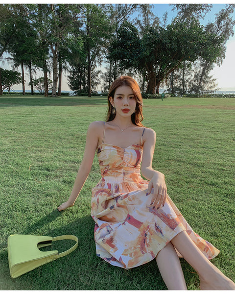 Holiday Chic Women Artistic Oil Painting Printing Ruched Abstract High Waist Long Spaghetti Strap Dress