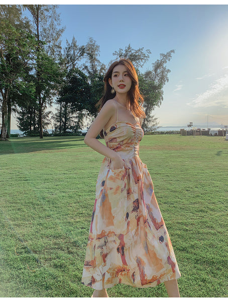 Holiday Chic Women Artistic Oil Painting Printing Ruched Abstract High Waist Long Spaghetti Strap Dress