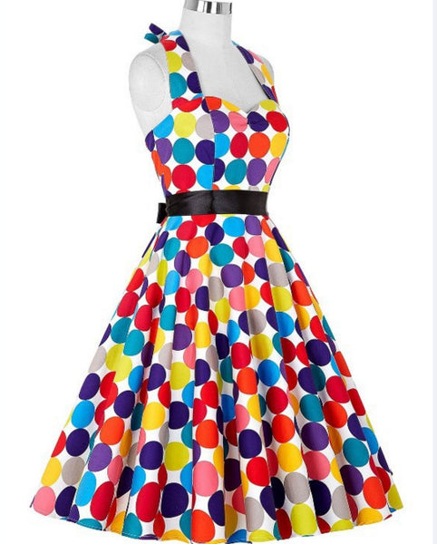 50s Holiday Women Retro Traditional Style Color Colorful Polka Dot Halter Neck High Waist Large Swing Dress With Belt