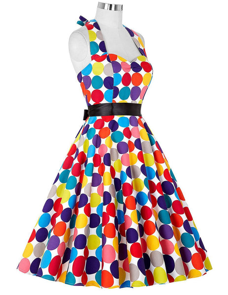 50s Holiday Women Retro Traditional Style Color Colorful Polka Dot Halter Neck High Waist Large Swing Dress With Belt