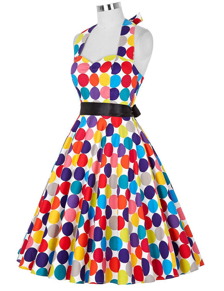 50s Holiday Women Retro Traditional Style Color Colorful Polka Dot Halter Neck High Waist Large Swing Dress With Belt