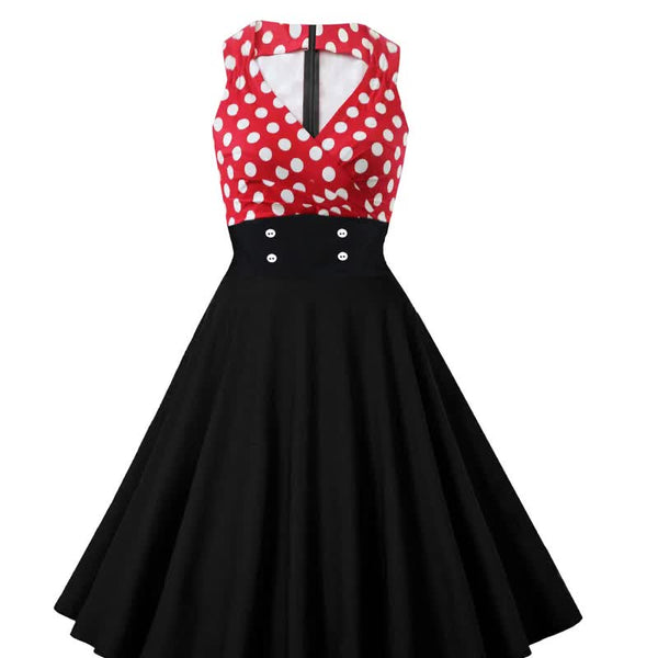 Retro Traditional Style Women White Polka Dot Pleat Halter Neck High Waist Corset Sleeveless Large Swing Dress