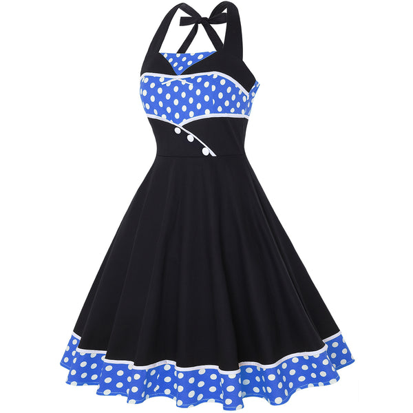 Great Look Temperament Retro Women Vintage Polka Dot Halter Sleeveless Waist Large Swing A Line Dress