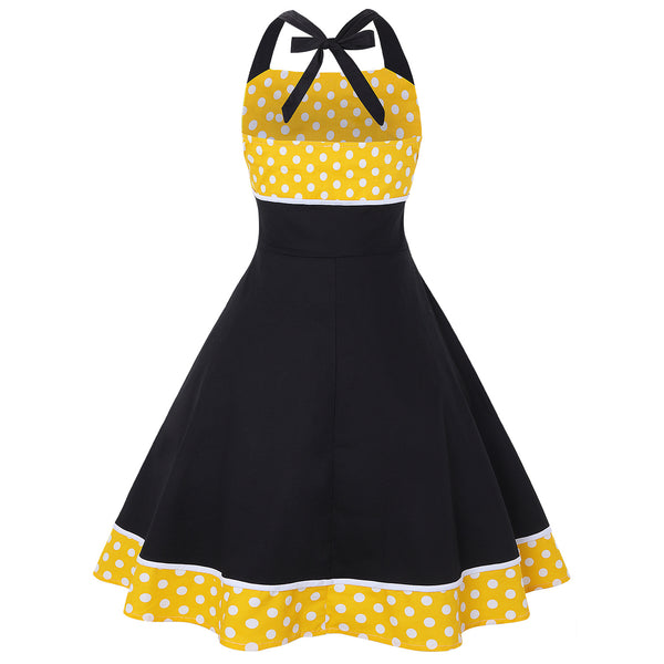 Great Look Temperament Retro Women Vintage Polka Dot Halter Sleeveless Waist Large Swing A Line Dress