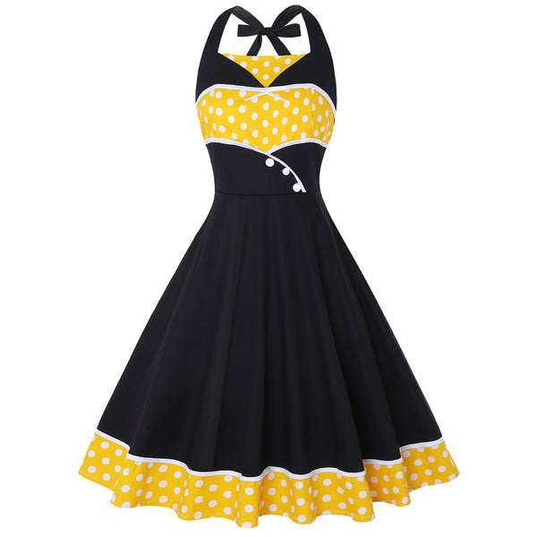 Great Look Temperament Retro Women Vintage Polka Dot Halter Sleeveless Waist Large Swing A Line Dress