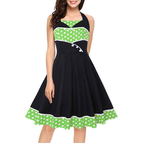 Great Look Temperament Retro Women Vintage Polka Dot Halter Sleeveless Waist Large Swing A Line Dress