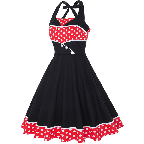 Great Look Temperament Retro Women Vintage Polka Dot Halter Sleeveless Waist Large Swing A Line Dress