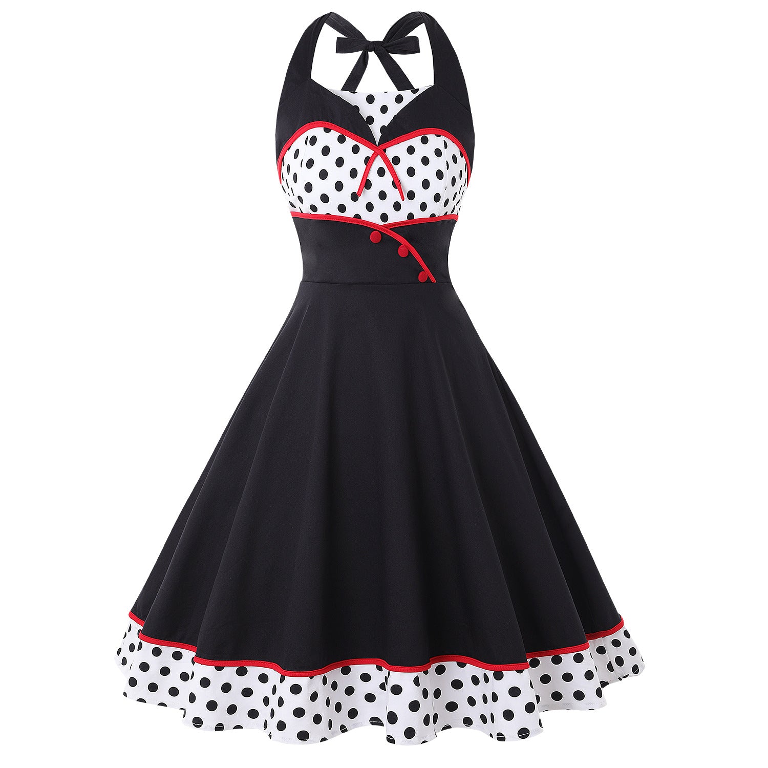 Great Look Temperament Retro Women Vintage Polka Dot Halter Sleeveless Waist Large Swing A Line Dress