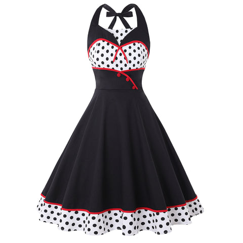 Great Look Temperament Retro Women Vintage Polka Dot Halter Sleeveless Waist Large Swing A Line Dress