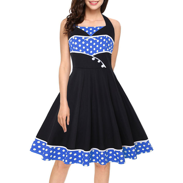 Great Look Temperament Retro Women Vintage Polka Dot Halter Sleeveless Waist Large Swing A Line Dress