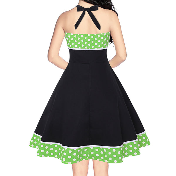 Great Look Temperament Retro Women Vintage Polka Dot Halter Sleeveless Waist Large Swing A Line Dress