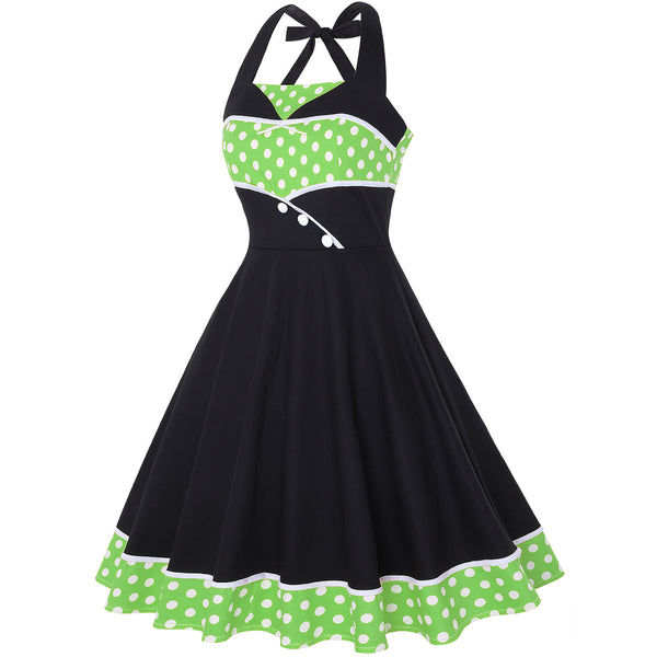 Great Look Temperament Retro Women Vintage Polka Dot Halter Sleeveless Waist Large Swing A Line Dress