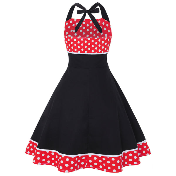 Great Look Temperament Retro Women Vintage Polka Dot Halter Sleeveless Waist Large Swing A Line Dress