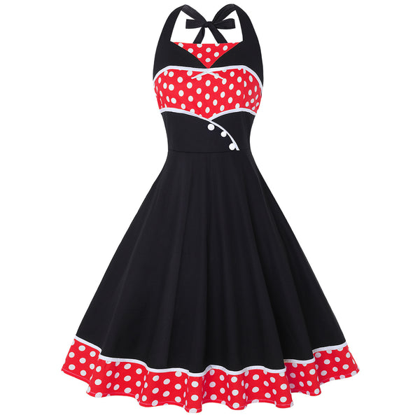 Great Look Temperament Retro Women Vintage Polka Dot Halter Sleeveless Waist Large Swing A Line Dress