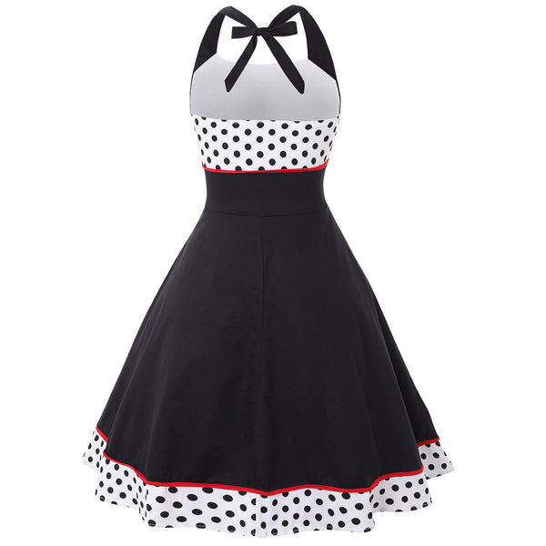 Great Look Temperament Retro Women Vintage Polka Dot Halter Sleeveless Waist Large Swing A Line Dress