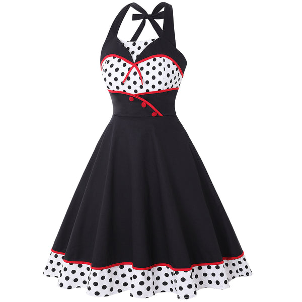 Great Look Temperament Retro Women Vintage Polka Dot Halter Sleeveless Waist Large Swing A Line Dress