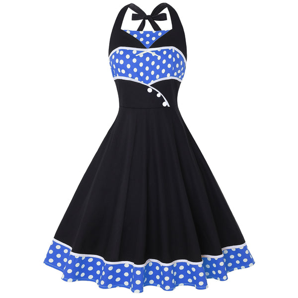Great Look Temperament Retro Women Vintage Polka Dot Halter Sleeveless Waist Large Swing A Line Dress