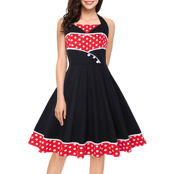 Great Look Temperament Retro Women Vintage Polka Dot Halter Sleeveless Waist Large Swing A Line Dress