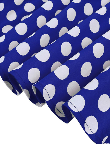 Temperament Retro Women Vintage Polka Dot Round Neck Short Sleeves Waist Bow A Line Spotty Ditsy Prints Dress