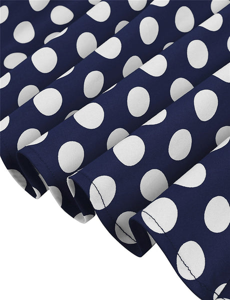 Temperament Retro Women Vintage Polka Dot Round Neck Short Sleeves Waist Bow A Line Spotty Ditsy Prints Dress