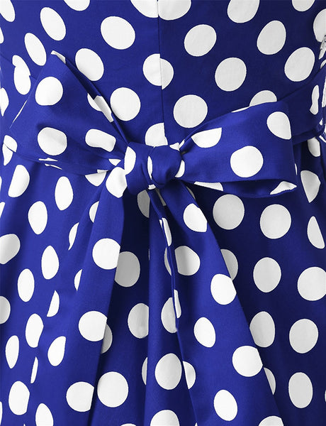 Temperament Retro Women Vintage Polka Dot Round Neck Short Sleeves Waist Bow A Line Spotty Ditsy Prints Dress