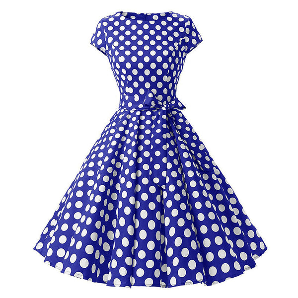 Temperament Retro Women Vintage Polka Dot Round Neck Short Sleeves Waist Bow A Line Spotty Ditsy Prints Dress
