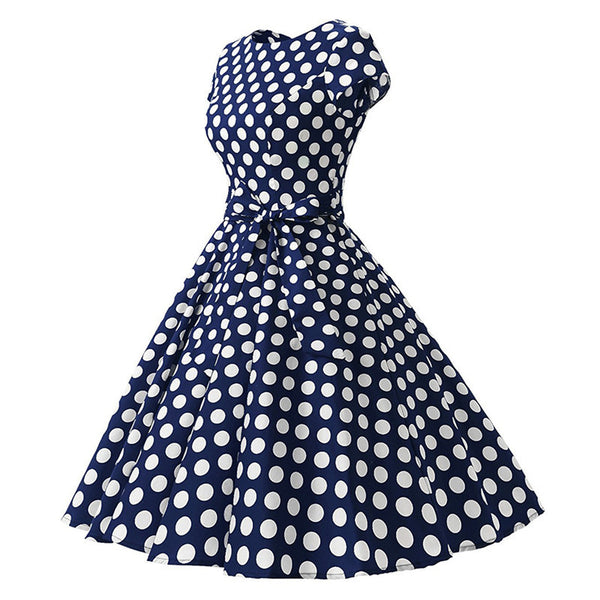 Temperament Retro Women Vintage Polka Dot Round Neck Short Sleeves Waist Bow A Line Spotty Ditsy Prints Dress