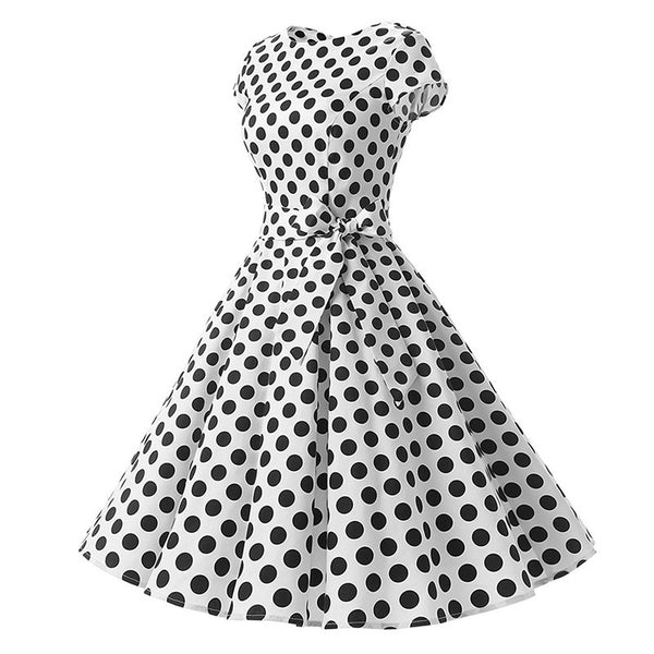 Temperament Retro Women Vintage Polka Dot Round Neck Short Sleeves Waist Bow A Line Spotty Ditsy Prints Dress