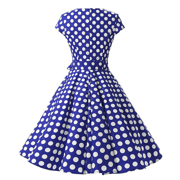Temperament Retro Women Vintage Polka Dot Round Neck Short Sleeves Waist Bow A Line Spotty Ditsy Prints Dress