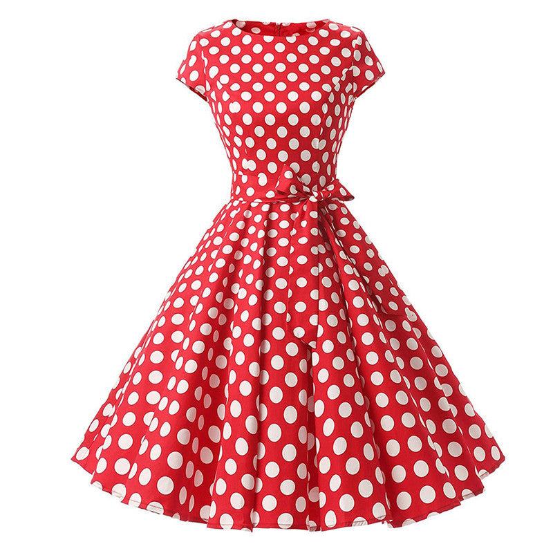 Temperament Retro Women Vintage Polka Dot Round Neck Short Sleeves Waist Bow A Line Spotty Ditsy Prints Dress