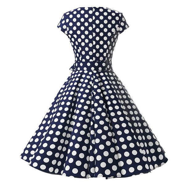 Temperament Retro Women Vintage Polka Dot Round Neck Short Sleeves Waist Bow A Line Spotty Ditsy Prints Dress