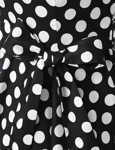 Temperament Retro Women Vintage Polka Dot Round Neck Short Sleeves Waist Bow A Line Spotty Ditsy Prints Dress
