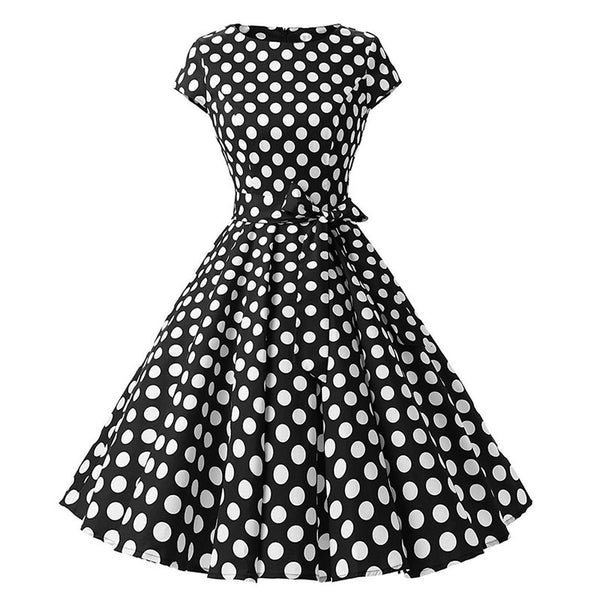 Temperament Retro Women Vintage Polka Dot Round Neck Short Sleeves Waist Bow A Line Spotty Ditsy Prints Dress